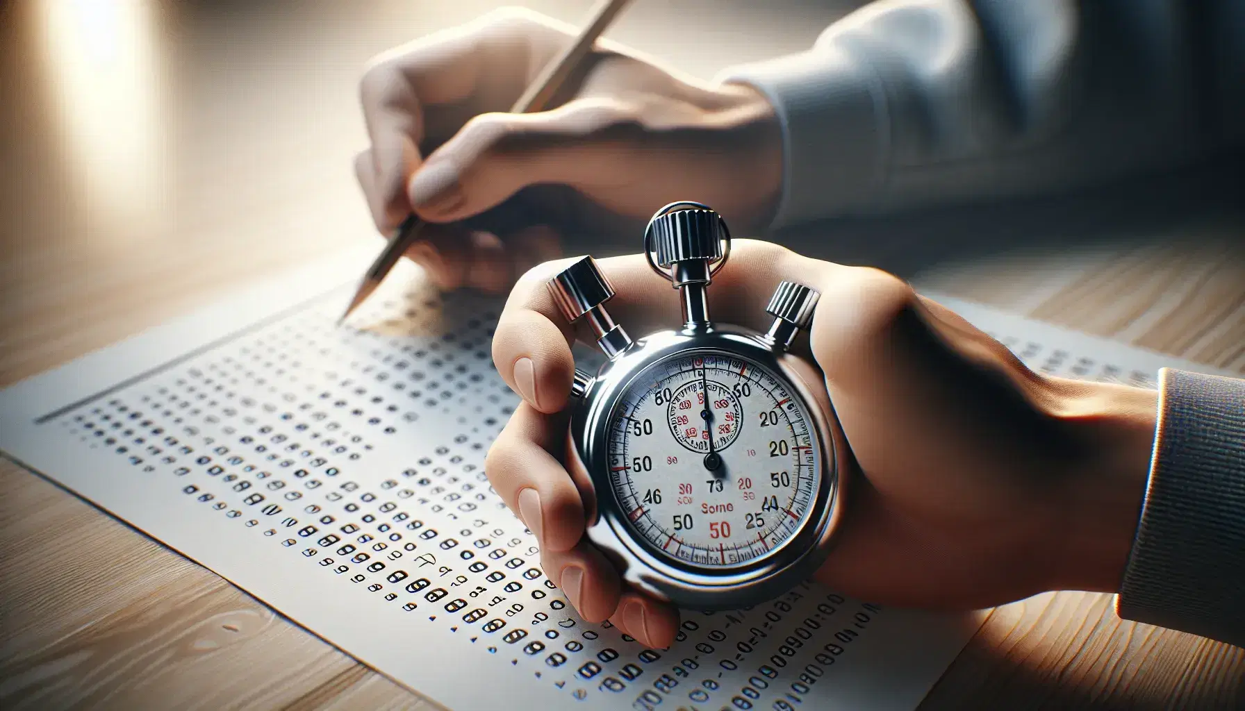 Mano sosteniendo cronómetro profesional activado sobre fondo desenfocado de otra mano marcando un examen tipo test en un escritorio de madera.