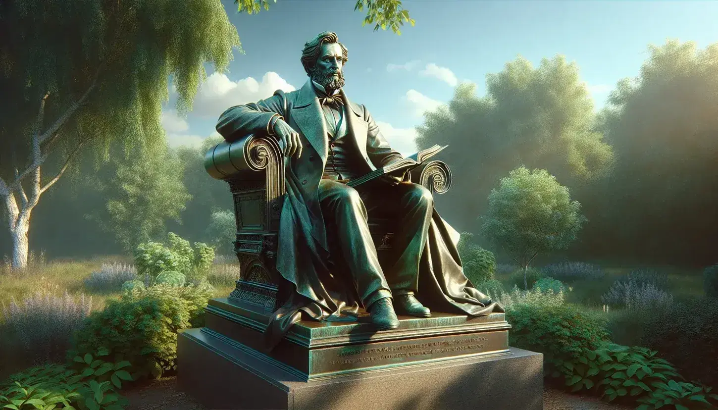 Estatua de bronce de hombre maduro con barba y cabello corto sentado en sillón, sosteniendo un libro abierto, rodeado de vegetación y cielo azul.