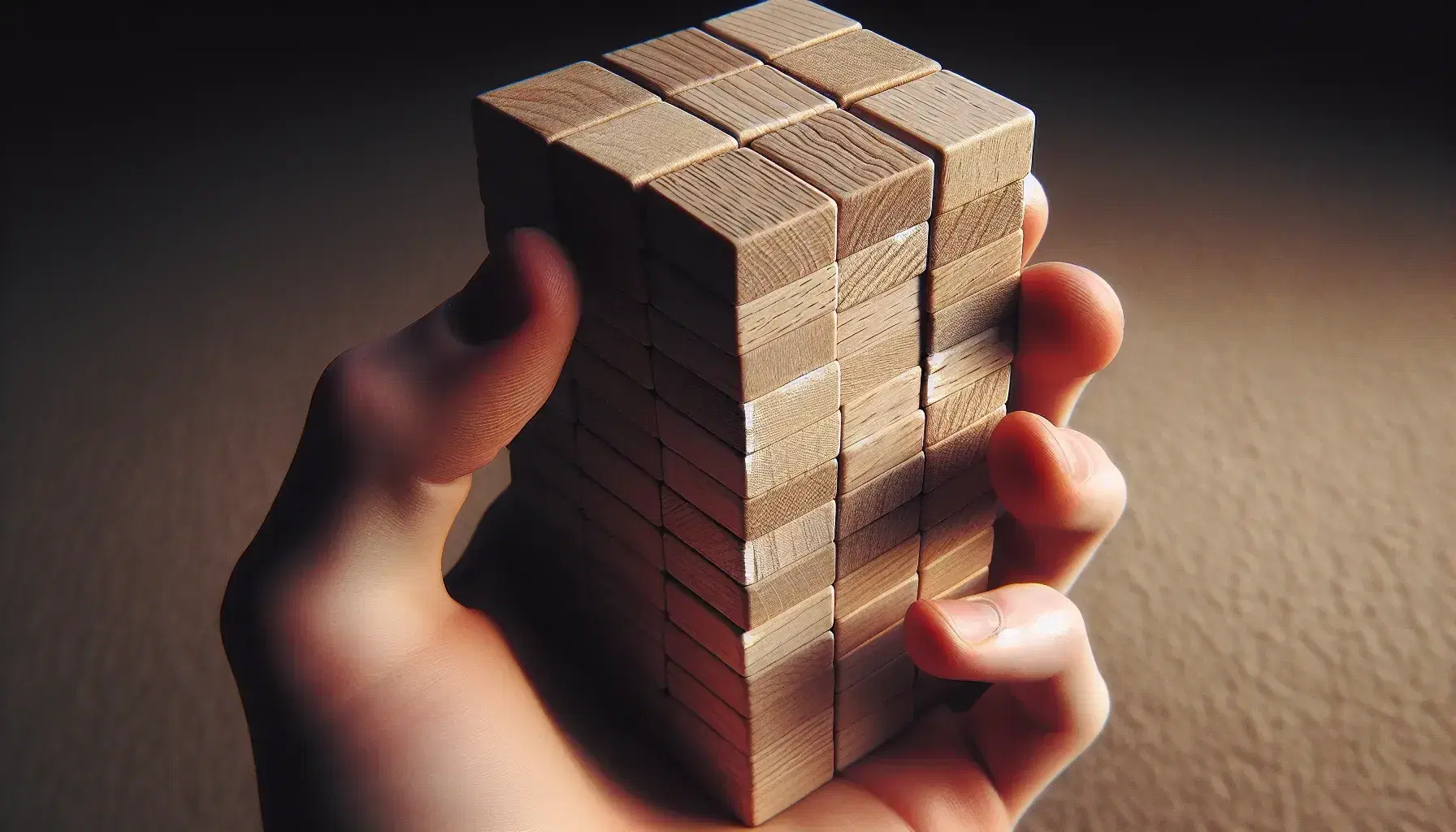 Hand holding a vertical stack of five smooth, light brown wooden cubes with visible grain, against a soft beige and gray blurred background.