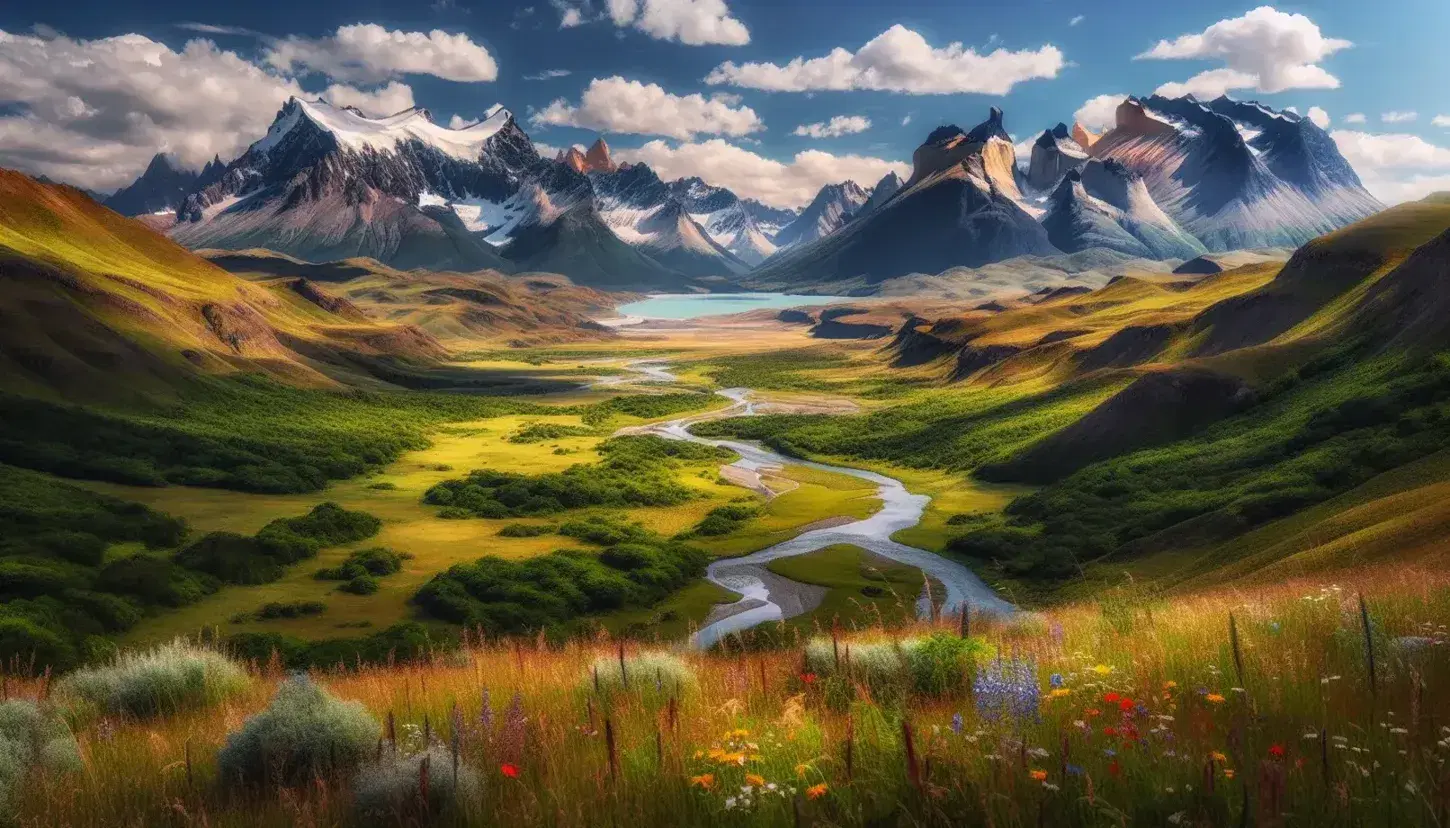 Paisaje natural con montañas, río serpenteante, prado verde con flores silvestres y costa marina bajo un cielo azul con nubes dispersas.