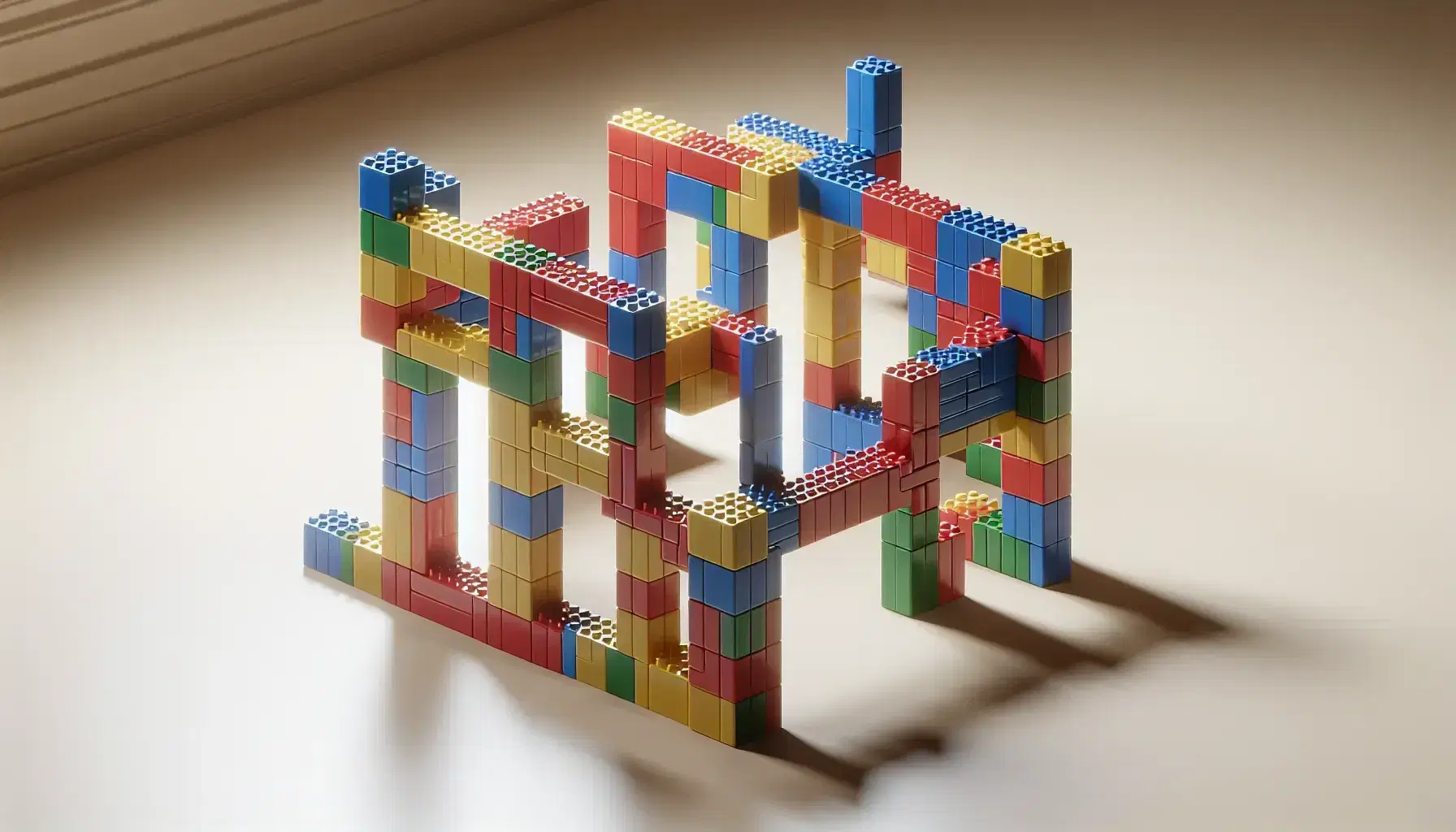 Bloques de construcción de plástico coloridos y entrelazados formando una estructura horizontal, con variedad de formas y colores como rojo, azul y verde.