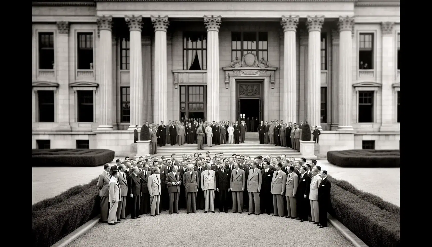 Delegates of various ethnicities in suits engage in diplomatic talks outside a neoclassical building with columns and decorative moldings.
