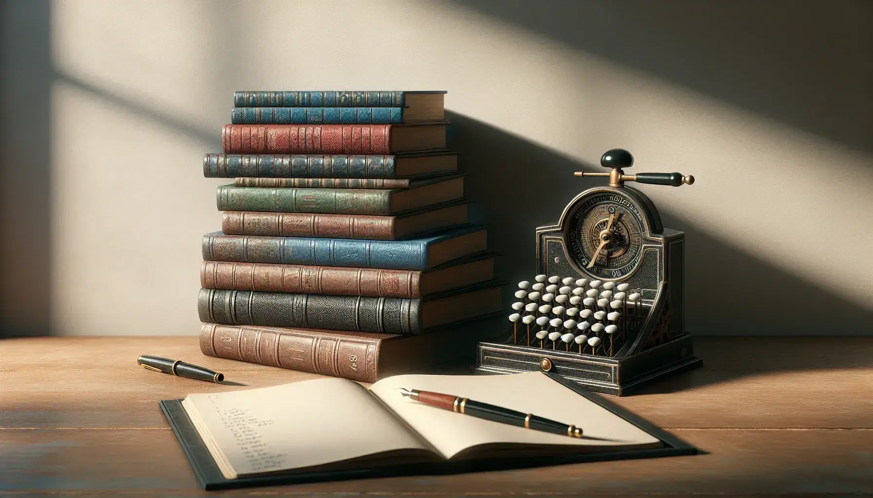 Pila de libros de colores variados sobre mesa de madera junto a calculadora mecánica antigua y pluma fuente sobre cuaderno abierto.