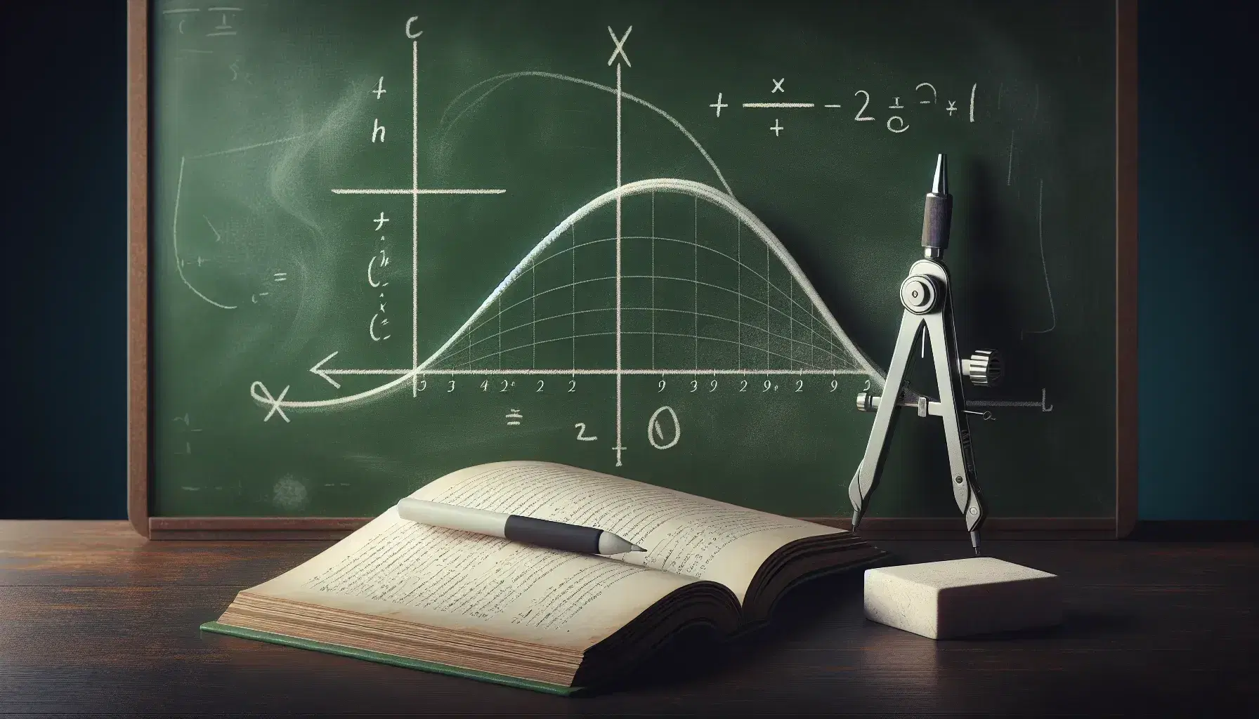 Lavagna scolastica verde con curva parabolica bianca, compasso metallico, gomma e libro di matematica aperto su tavolo in legno con mela rossa.