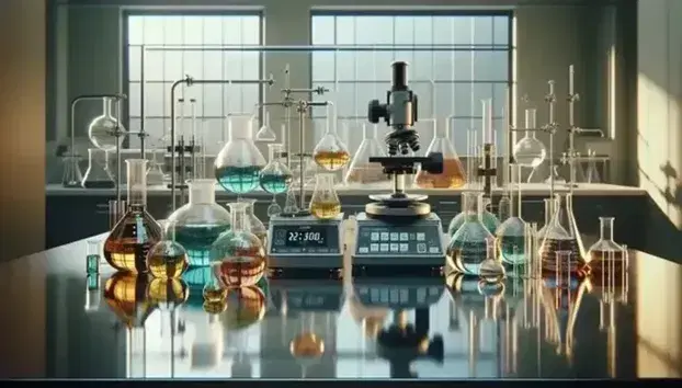 Science laboratory with glass table, assortment of glassware with colored liquids, digital analytical balance and microscope.