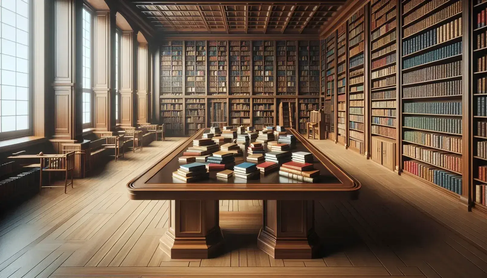 Biblioteca luminosa con mesa de madera y libros abiertos, estanterías repletas de libros coloridos y ventana grande con cielo azul.