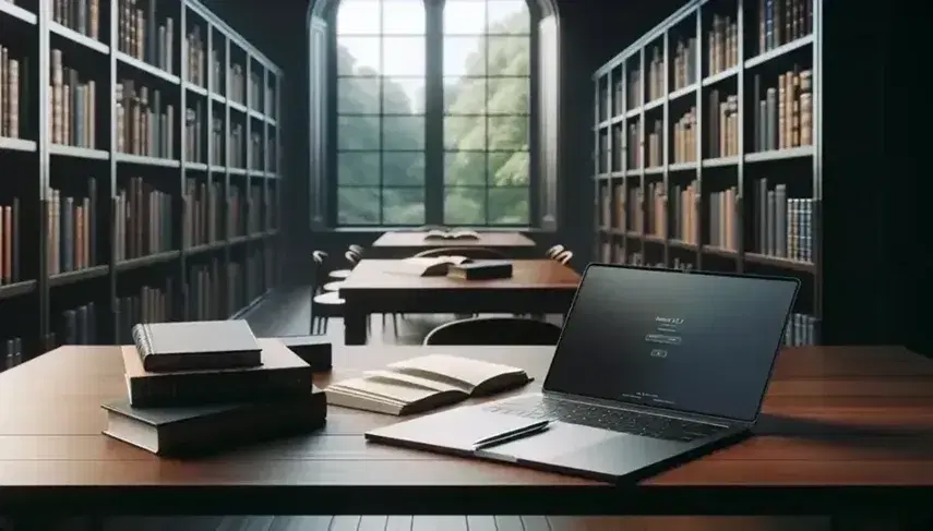 Biblioteca iluminada con estanterías de madera oscura llenas de libros, mesa central con laptop abierto y cuaderno con bolígrafo, ventana al fondo con vistas a árboles.