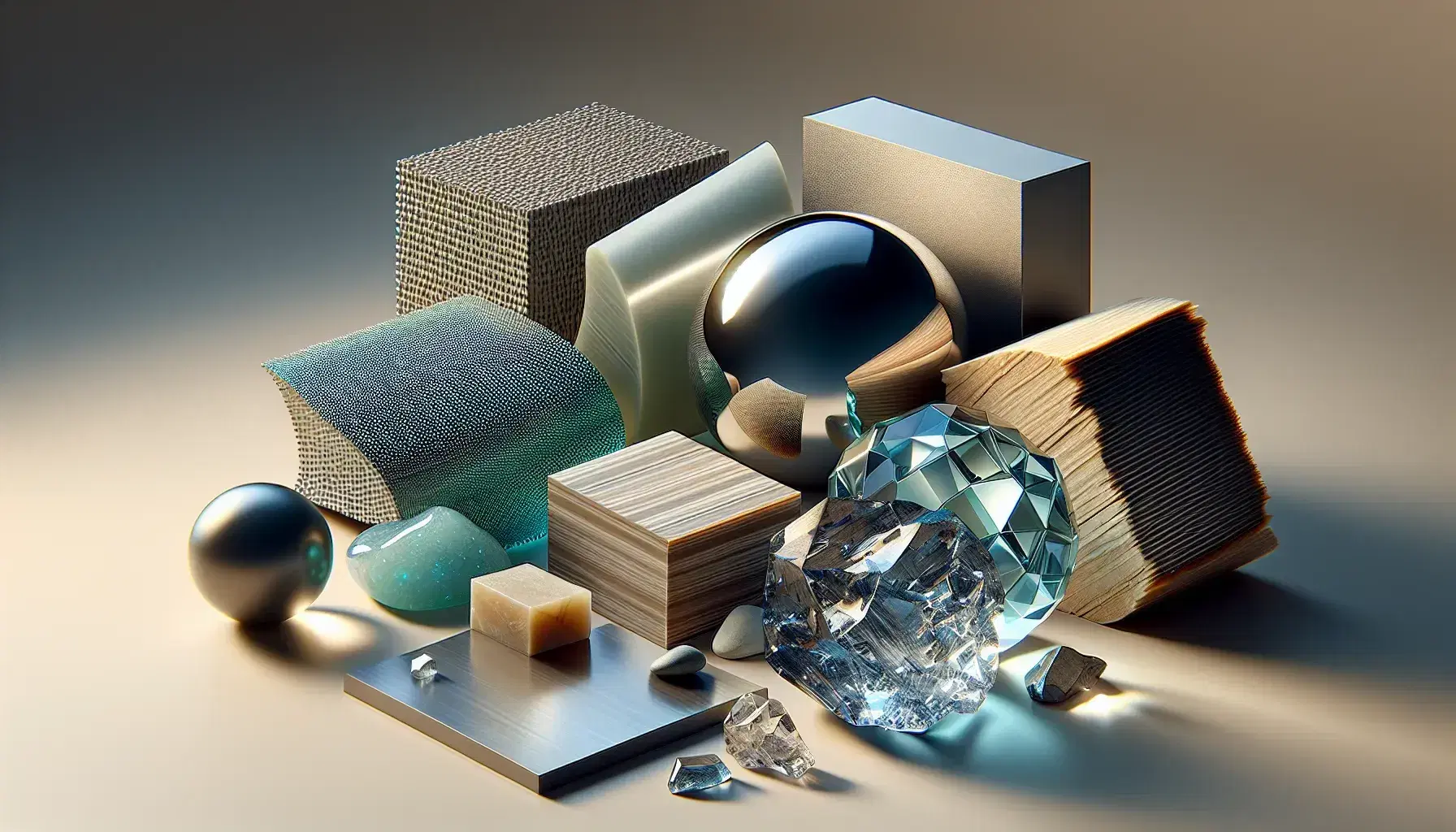 Materiales variados sobre superficie neutra incluyendo metal pulido, plástico translúcido, cerámica vidriada, madera con vetas, fibra de carbono y cristal de cuarzo.