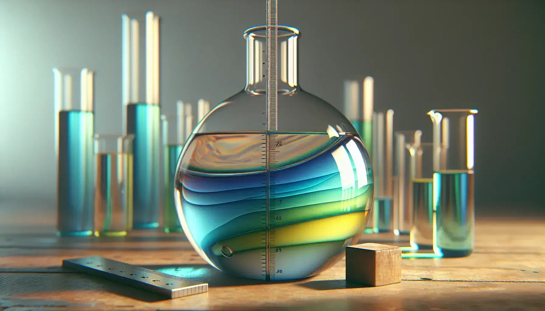 Close-up view of a layered colorful liquid in a glass flask on a wooden table, with a shiny steel ruler and out-of-focus beakers in the background.