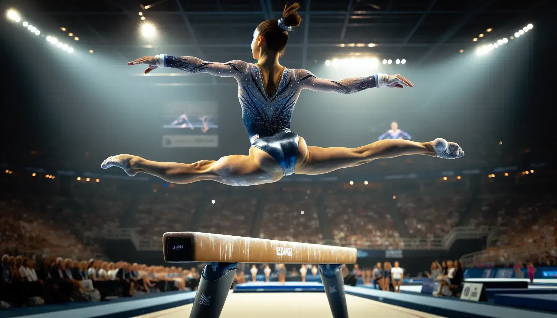 Gimnasta femenina realizando un salto con split en la viga de equilibrio, vestida con un leotardo azul y plateado, en un ambiente iluminado y con público desenfocado.