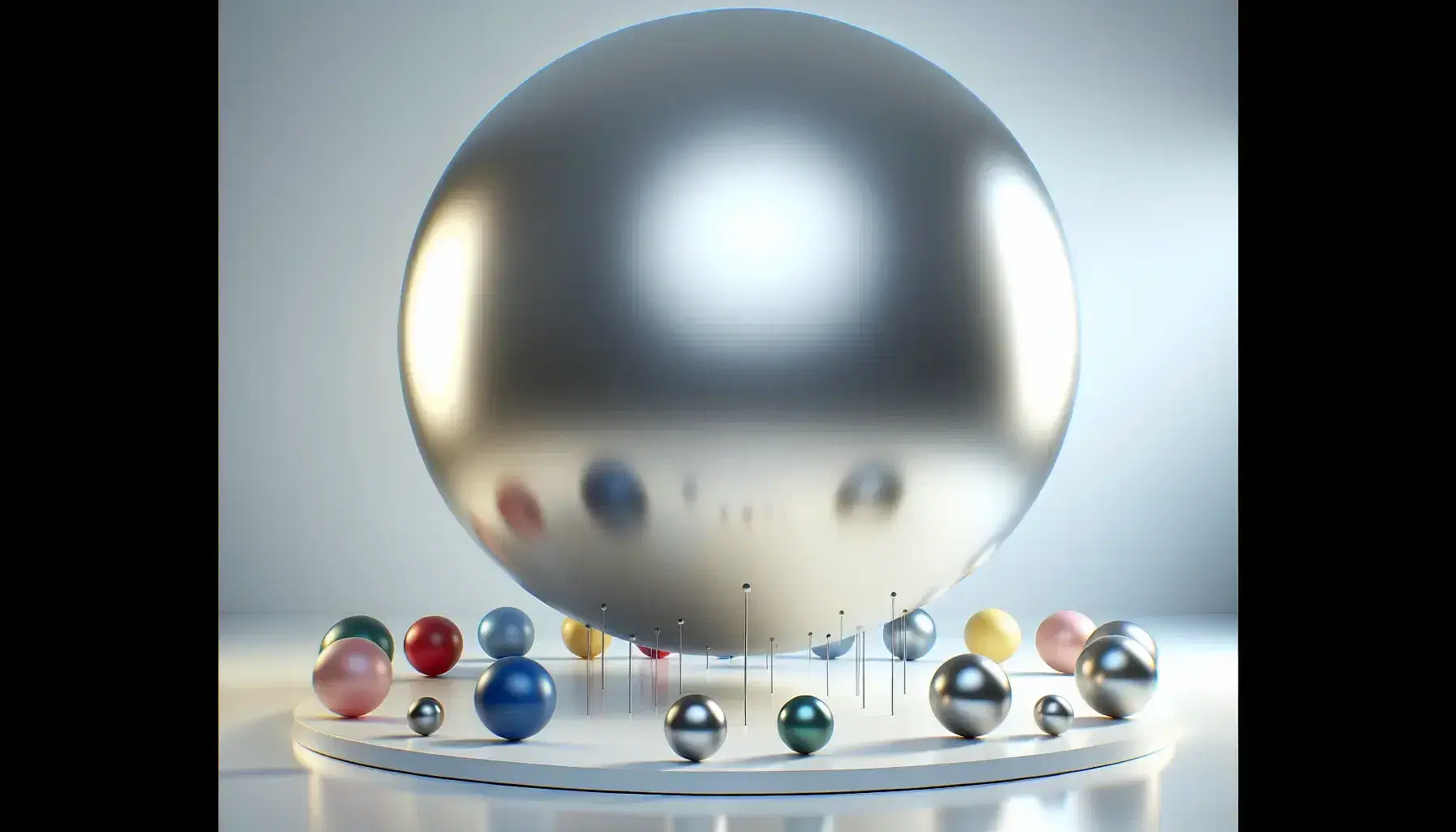 Esfera metálica plateada flotante rodeada de esferas plásticas de colores rojo, azul, verde y amarillo en fondo blanco.