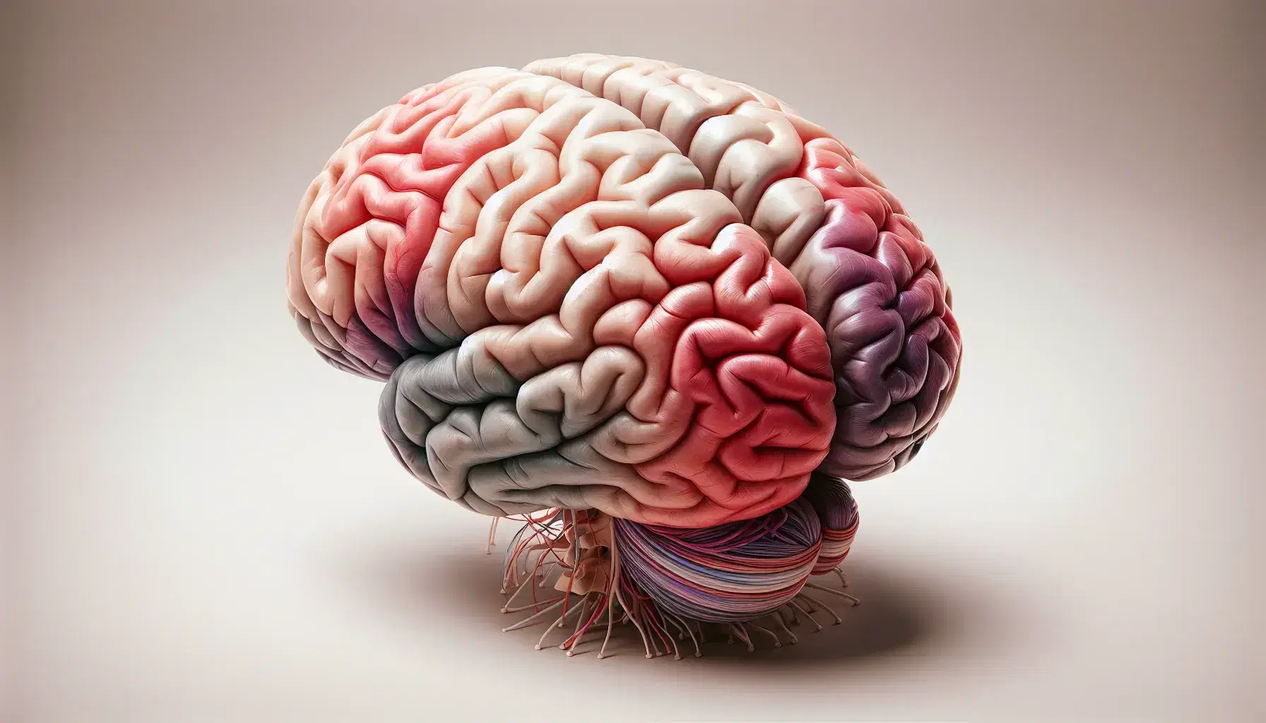 Vista superior de un cerebro humano detallado con hemisferios, textura de surcos cerebrales y médula espinal con nervios, junto a una sección ósea del cráneo.
