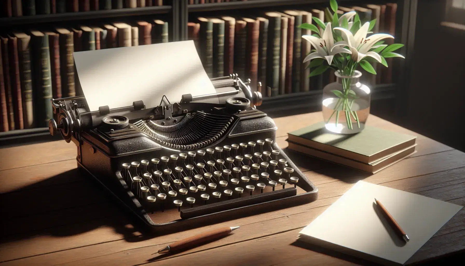 Vintage black-keyed typewriter on a wooden desk with a stack of white paper and a vase of white lilies, against a blurred bookshelf background.