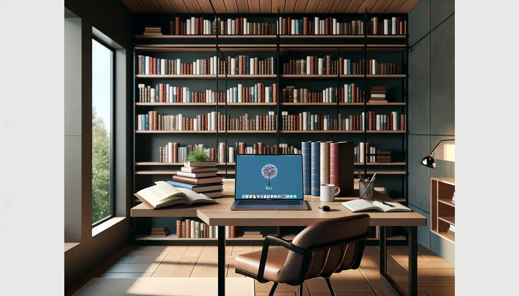Biblioteca iluminada con estantes de madera y libros variados, mesa con laptop, taza blanca y cuaderno abierto, silla de oficina y ventana con vistas a la vegetación.