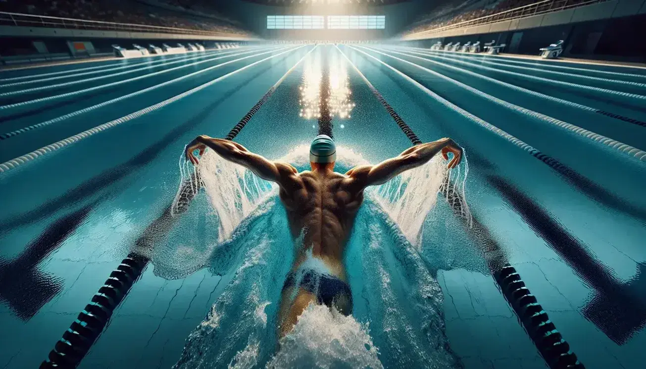 Nadador profesional ejecutando estilo libre en piscina olímpica con gorro y gafas, reflejos brillantes en agua azul y gradas vacías al fondo.