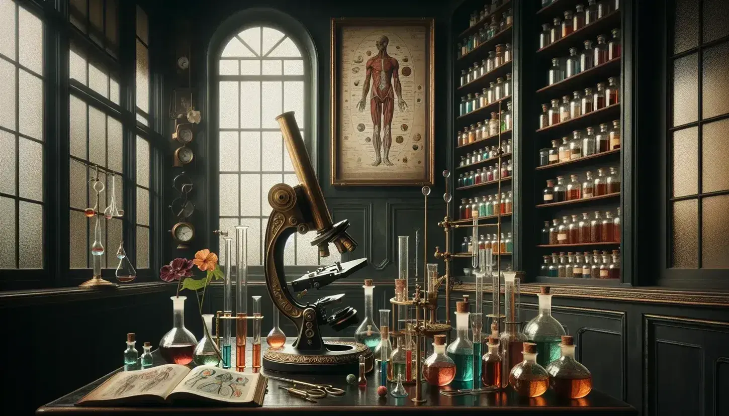 Laboratorio scientifico vittoriano con microscopio in ottone, strumenti di misura, bilancia analitica, bottiglie di sostanze e atlante anatomico.