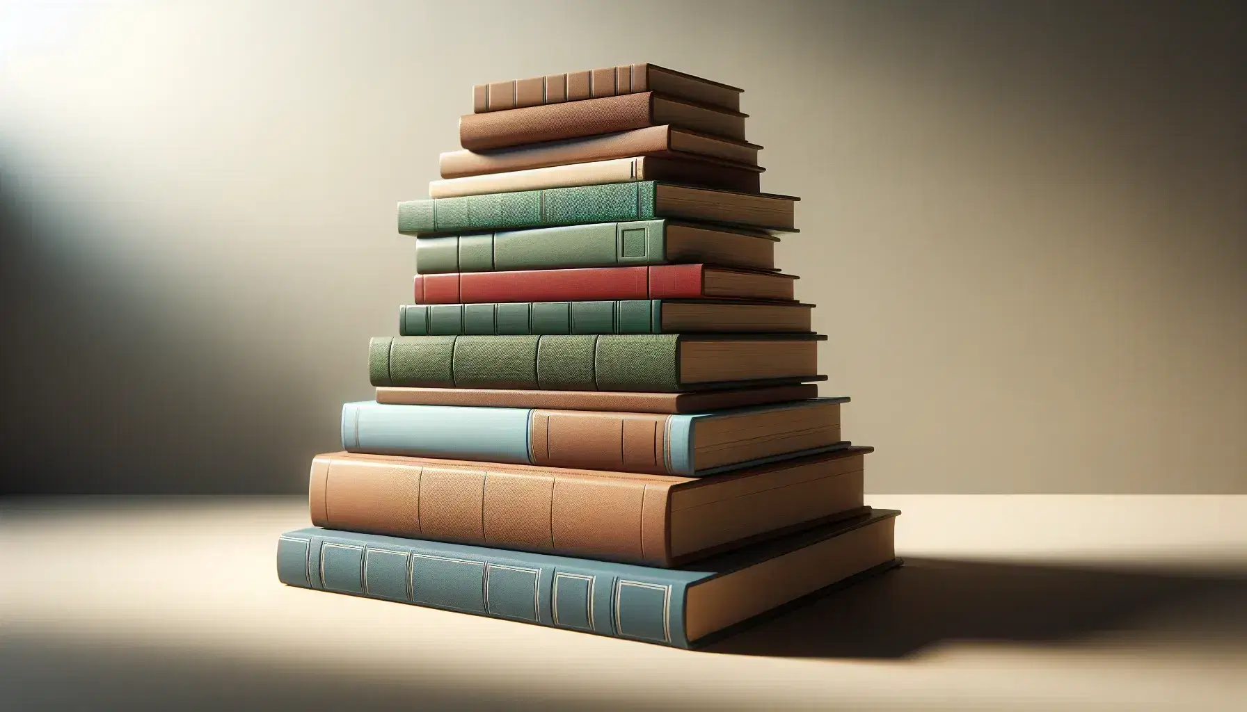 Pila di libri in ordine decrescente di dimensione con copertine in tonalità di marrone, verde, rosso e blu su superficie piana, senza titoli visibili.