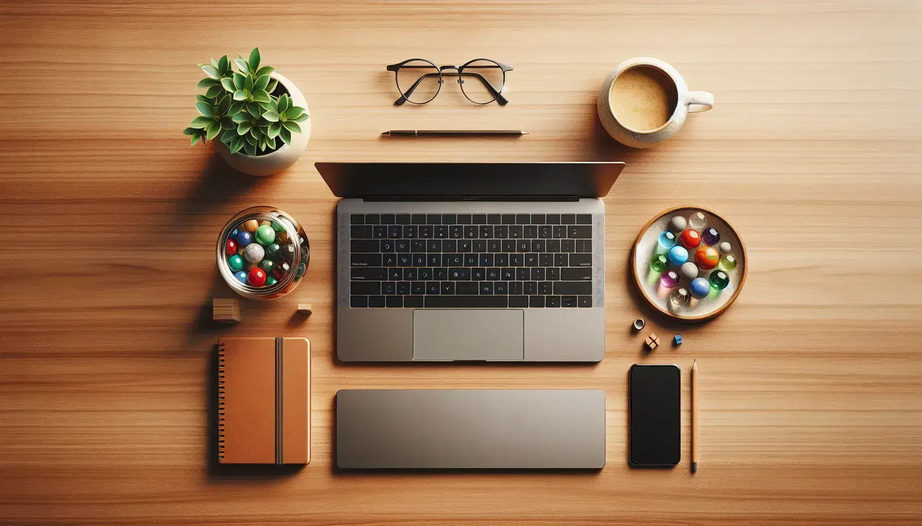 Wooden desk with modern laptop, white coffee cup, jar of colorful marbles, green plant in pot and closed book.
