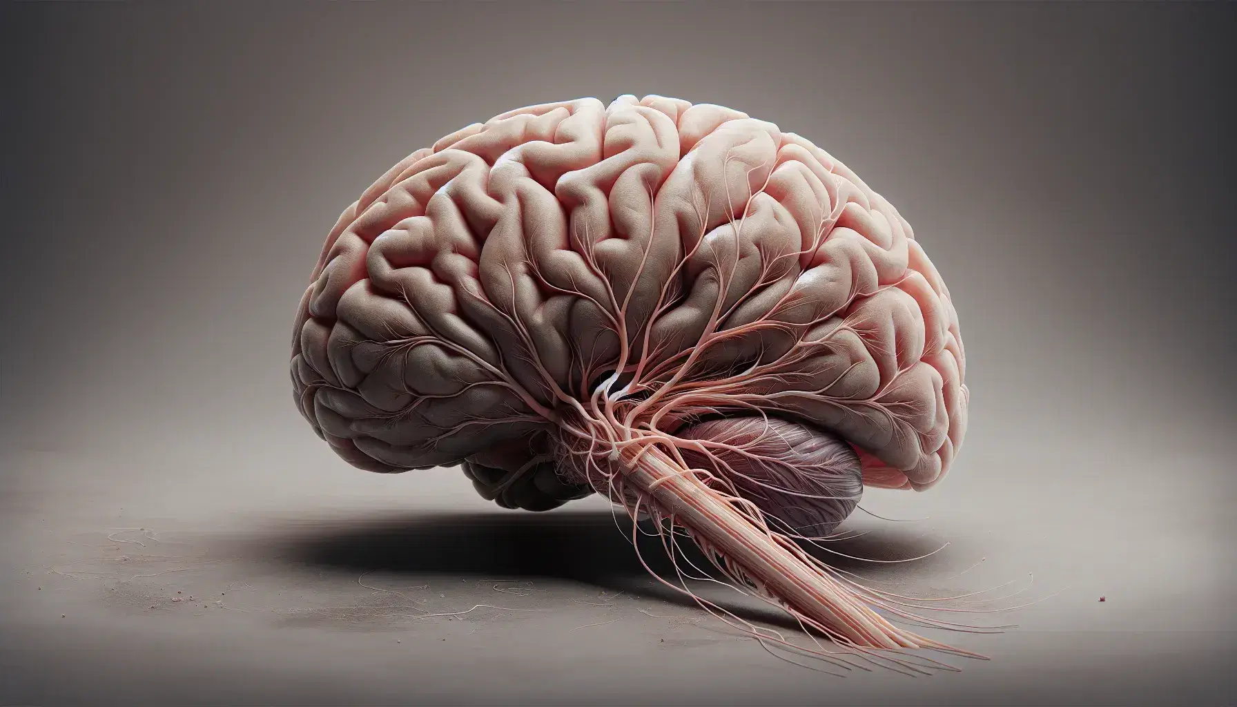 Detailed lateral view of human brain with cerebral cortex, spinal cord and peripheral nerves on neutral background.
