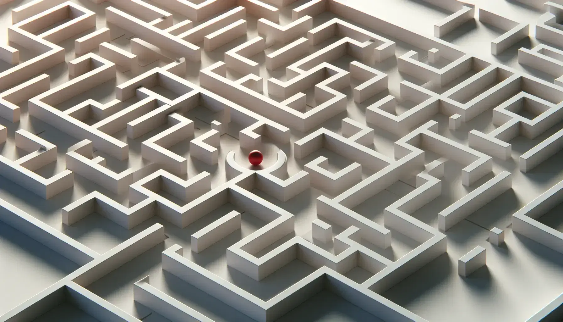 Complex three-dimensional maze with white walls and a red ball in the center on a monochrome background, soft shadows for depth.