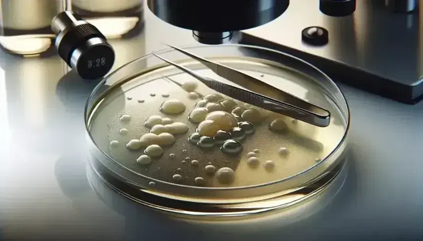Close-up of a glass Petri dish with bacterial colonies on agar in the laboratory, stainless steel instrument above, background with microscope and notebook.