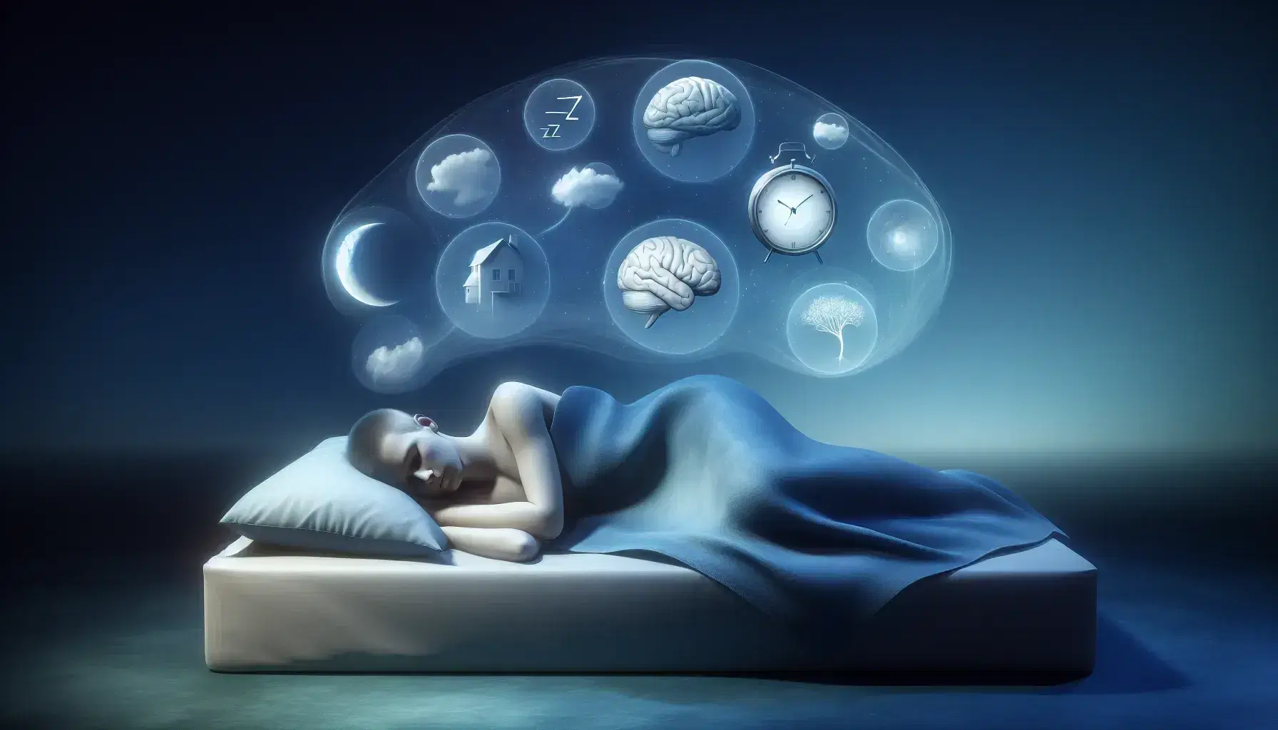 Person sleeping in fetal position on white bed with light blue pillow and dark blue blanket, dreamlike objects floating on blue degrading background.