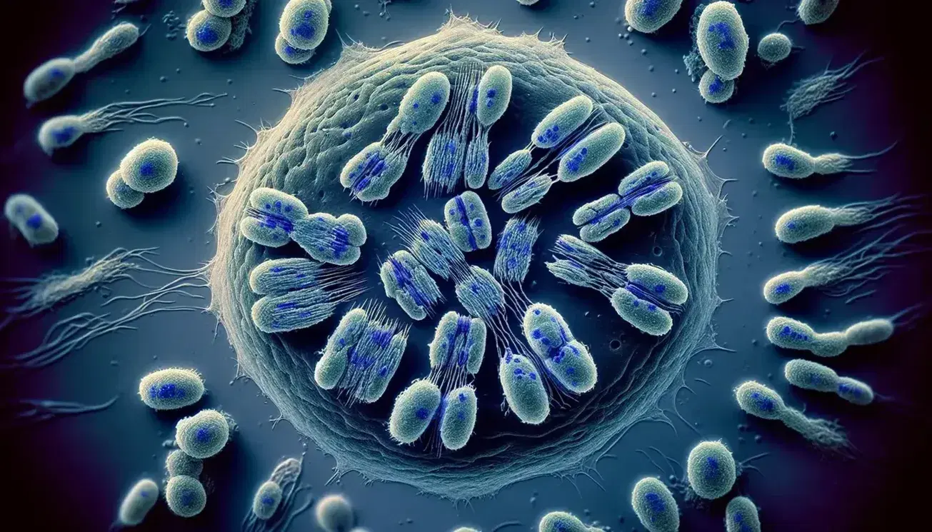 Animal cells in various stages of mitosis, with chromosomes highlighted during metaphase, prophase, anaphase and telophase on a gray gradient background.