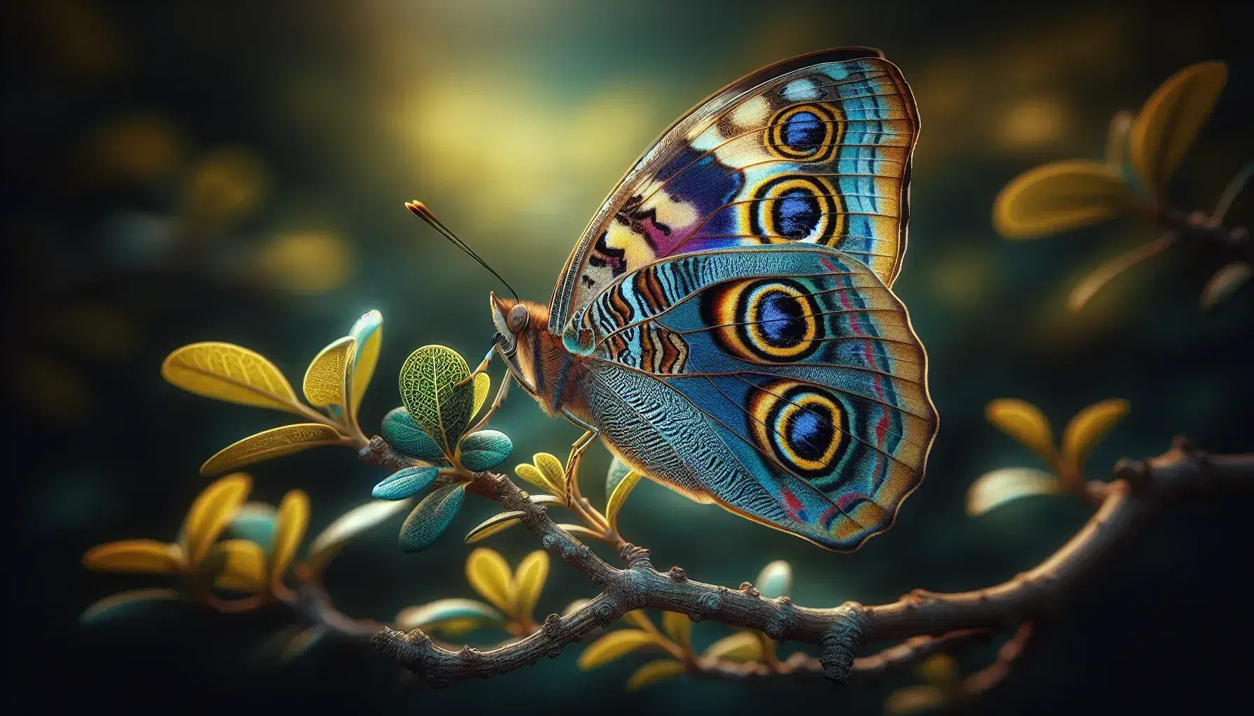 Mariposa con alas simétricas en tonos de azul, amarillo y negro posada en una rama, con hojas verdes y fondo desenfocado natural.
