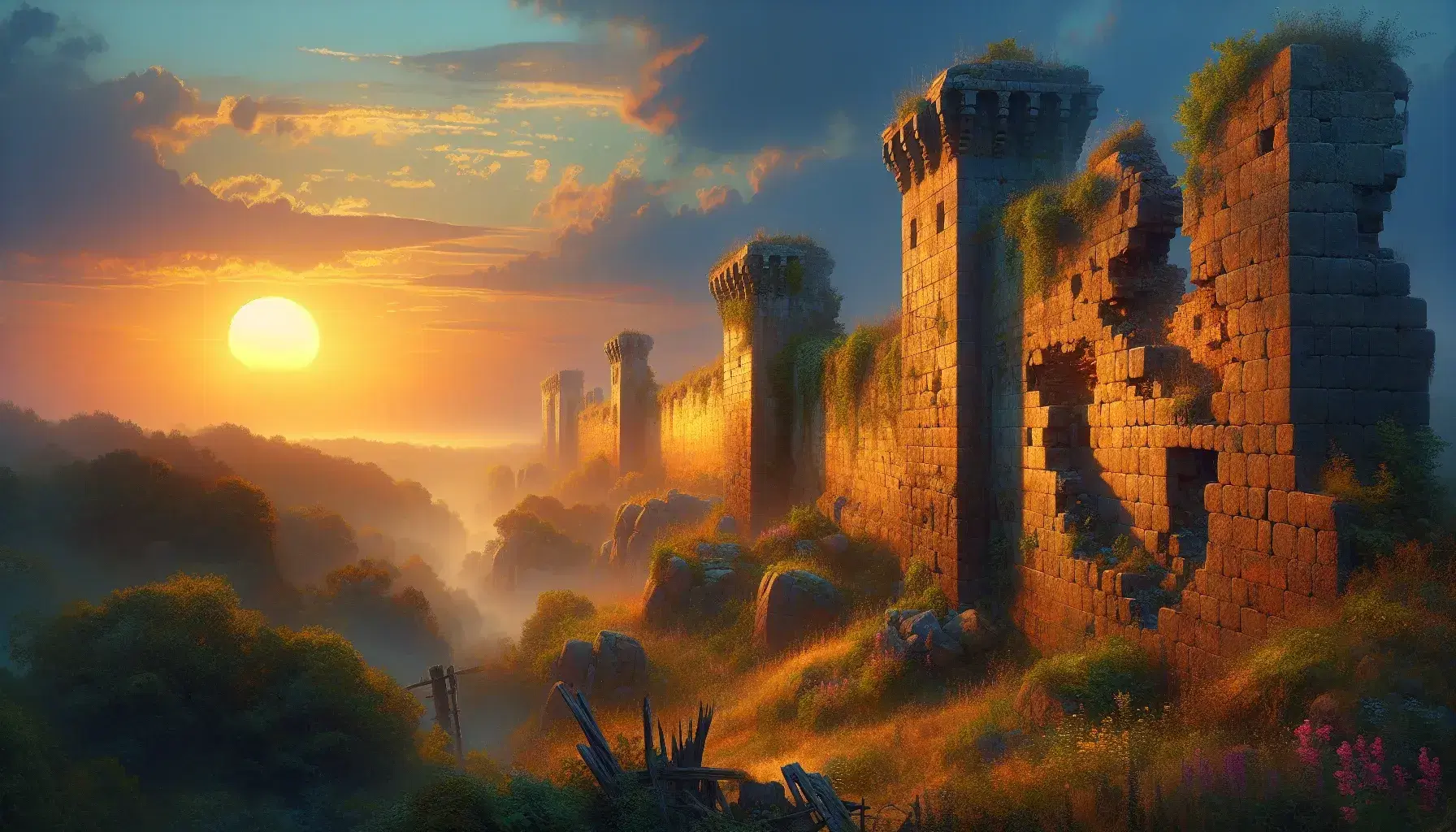 Sunset illuminates the ruins of an ancient stone fortress with overgrown greenery, highlighting the decayed walls and towers against a vibrant sky.