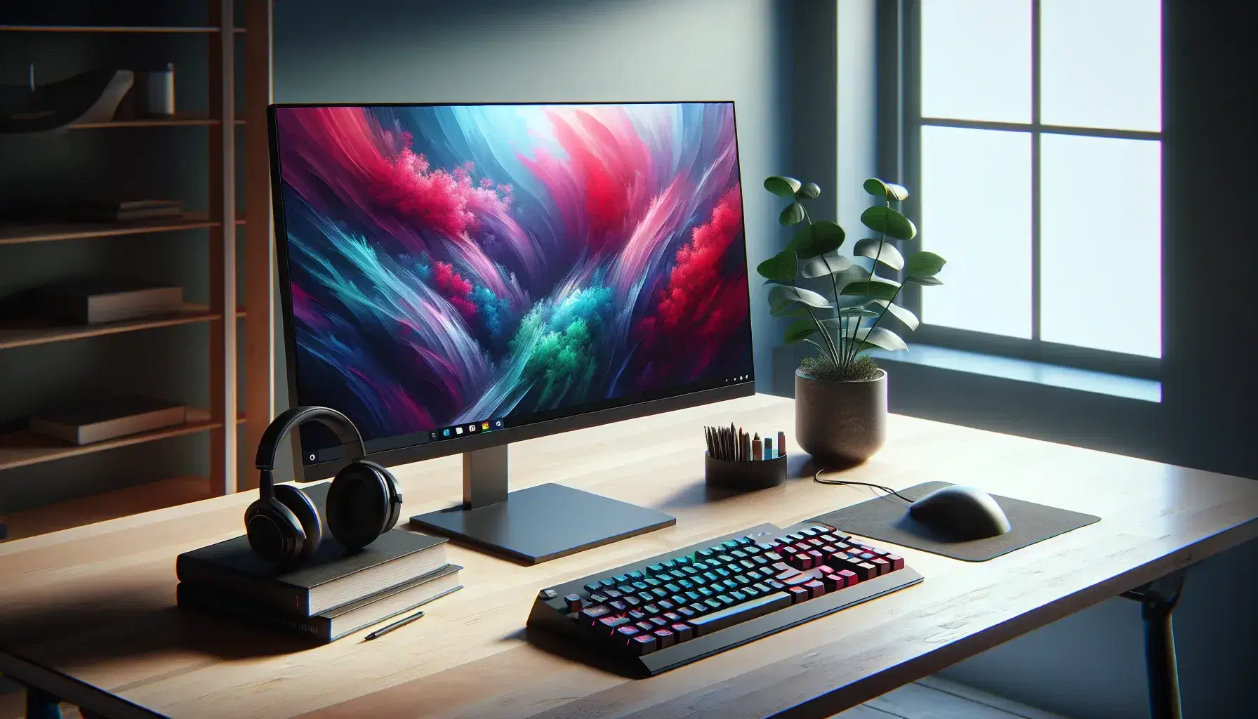 Modern desktop setup with a vibrant monitor display, blank keyboard, ergonomic mouse, red book, black headphones on stand, and a potted plant on a light wood desk.