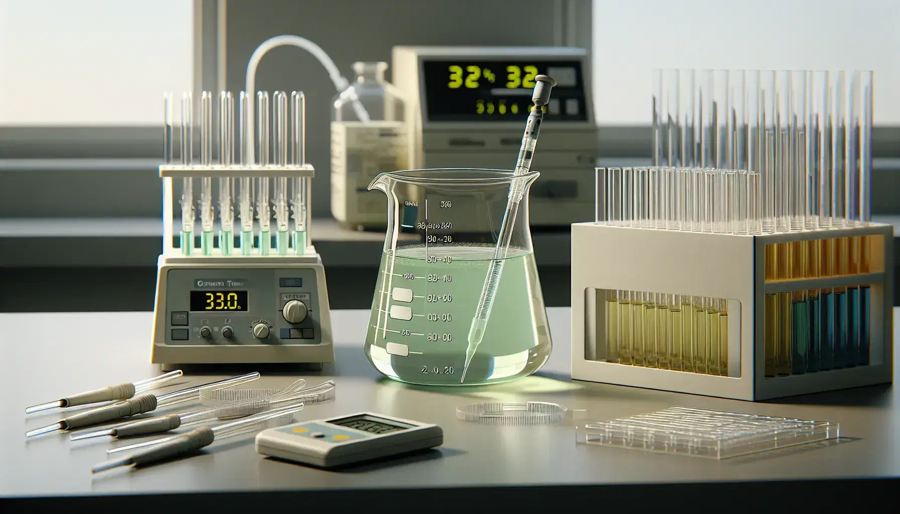 Laboratory with beaker containing light green liquid, pH meter, three erlenmeyers with colored liquids and box of pipette tips.