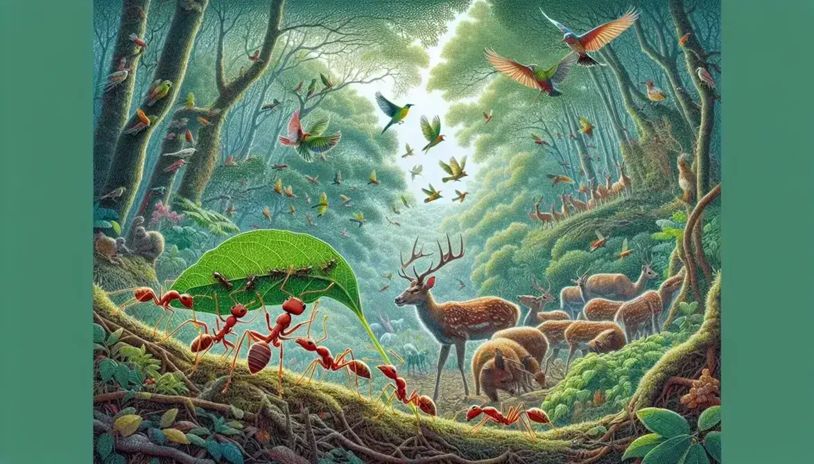 Bosque verde con hormigas rojas transportando hoja, ciervos pastando, aves volando y posadas en ramas, luz solar filtrándose y cielo azul con nubes.