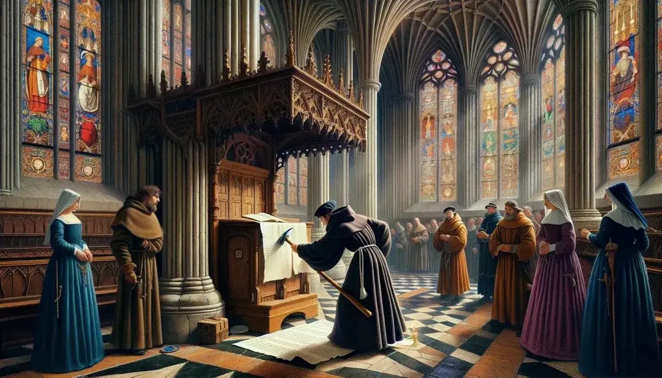 Frate in abito rinascimentale inchioda un foglio sulla porta di una chiesa gotica, con fedeli curiosi e vetrate colorate.