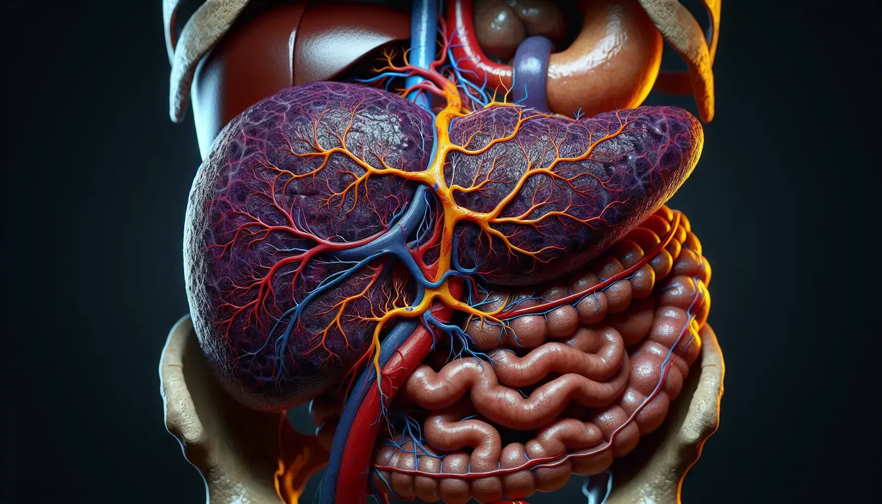 Milza umana color porpora con arterie rosse e vene blu, situata nell'addome superiore sinistro, circondata da stomaco, pancreas e rene.