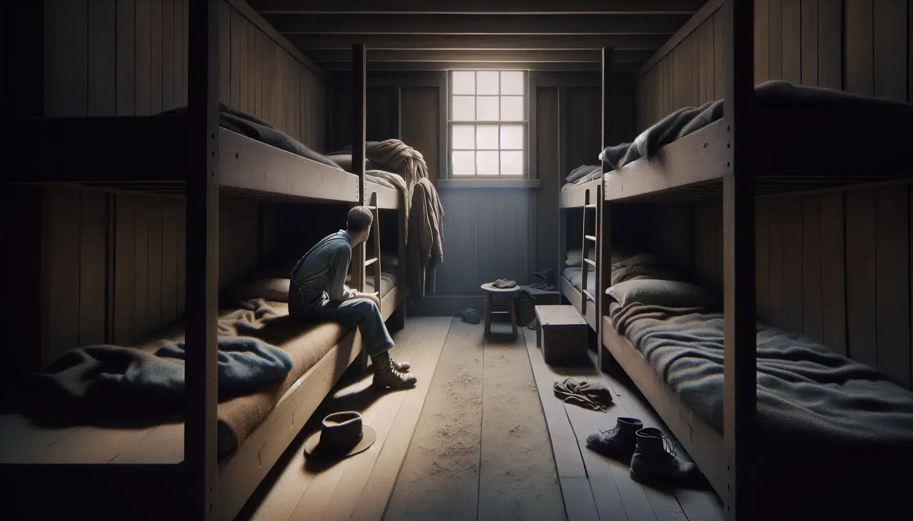 Dim bunkhouse interior with wooden bunks and faded blue blankets, a figure sitting despondently on a bunk, another gazing out a window, and a table with scattered playing cards.