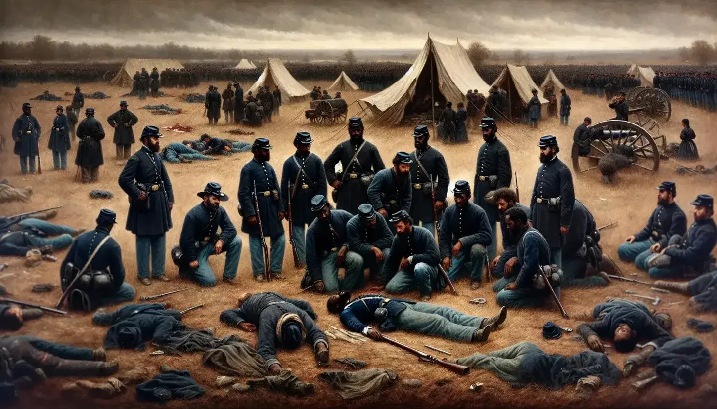 African-American soldiers in Union uniforms surround a fallen comrade on a Civil War battlefield under a cloudy sky.