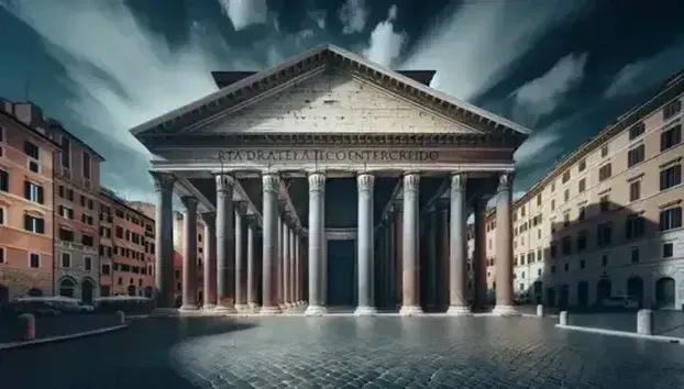 Vista frontale del Pantheon a Roma con colonne corinzie e cupola con oculo su cielo azzurro, persone in piazza.