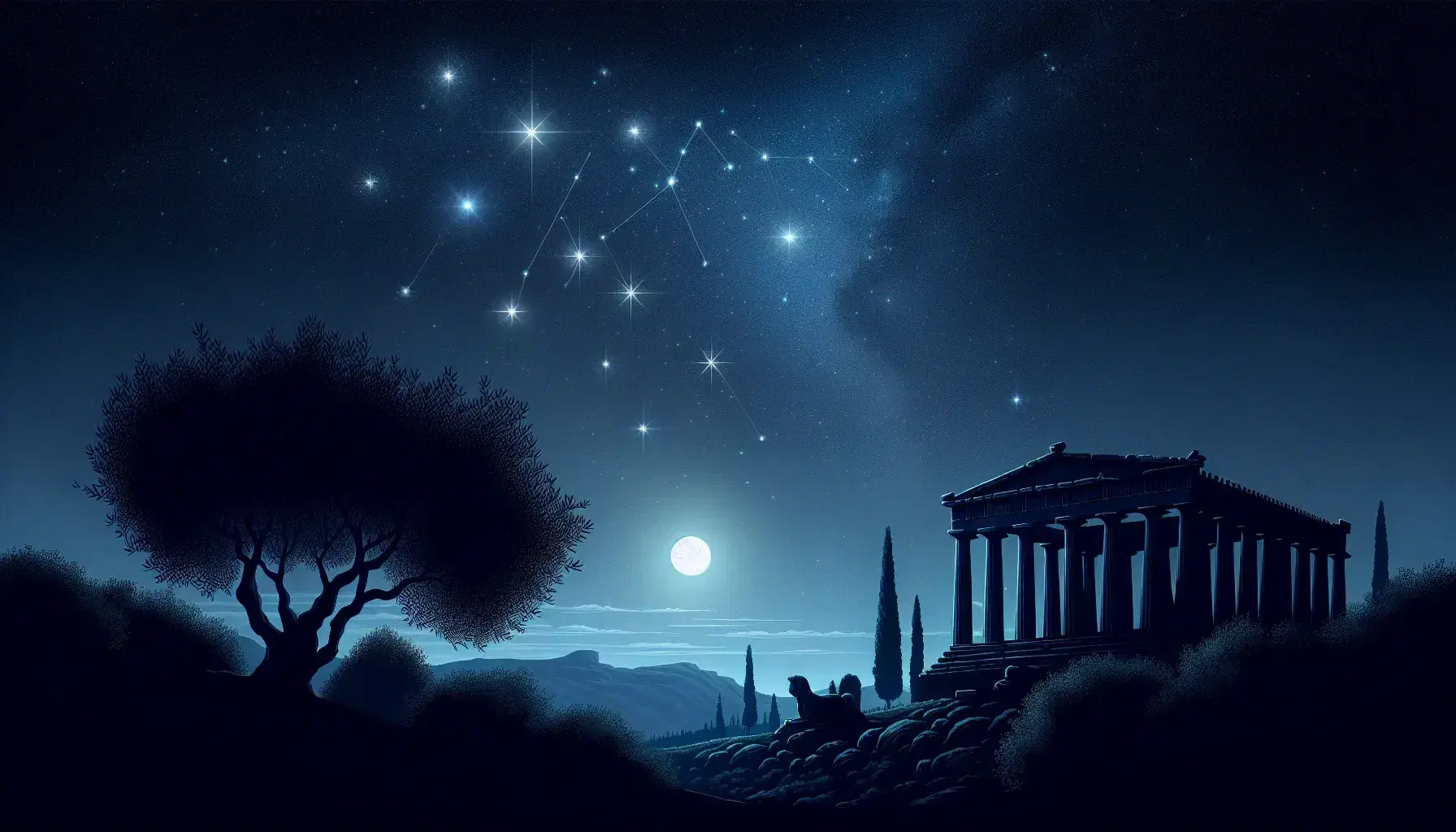 Starry night sky with Pleiades constellation in the center, ancient Greek temple in silhouette and olive tree in the foreground.