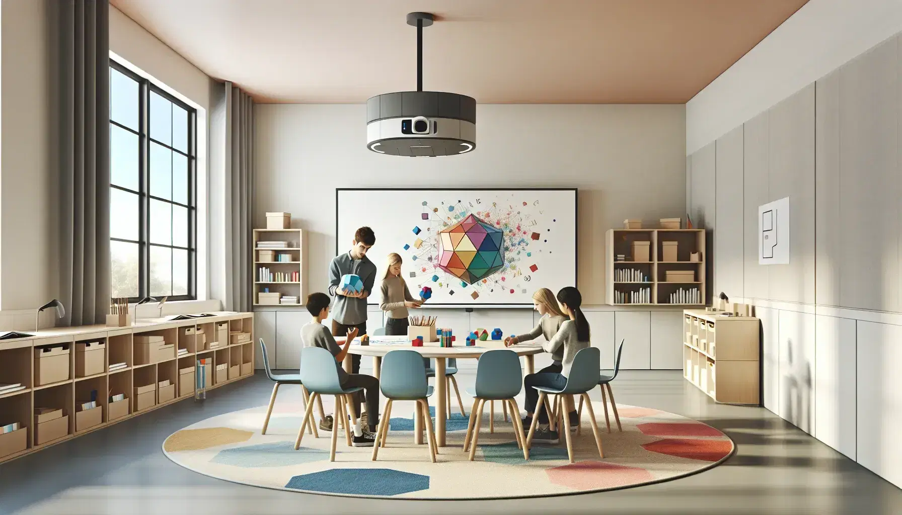 Aula moderna y luminosa con estudiantes colaborando en una mesa redonda, manipulando objetos 3D coloridos sin marcas, proyector digital y materiales educativos en estantes.