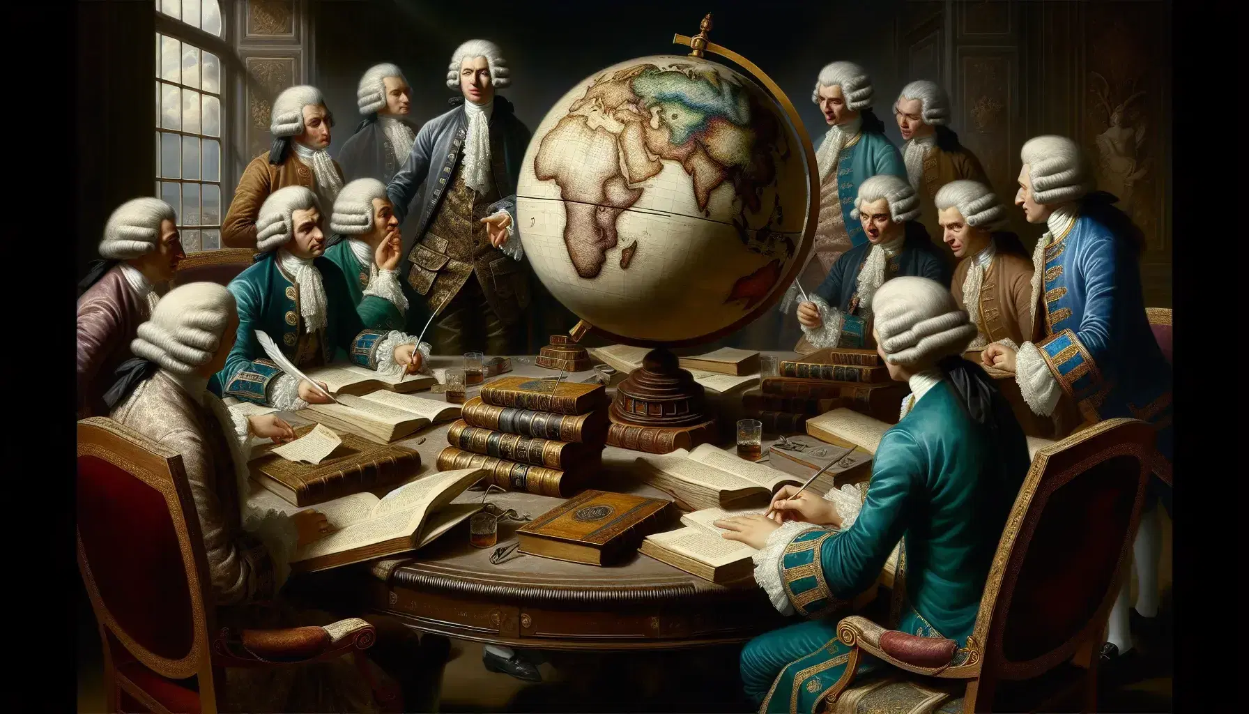 Gruppo di figure storiche in abiti del XVIII secolo discute intorno a un tavolo con globo terrestre, libri antichi e orologio dorato.