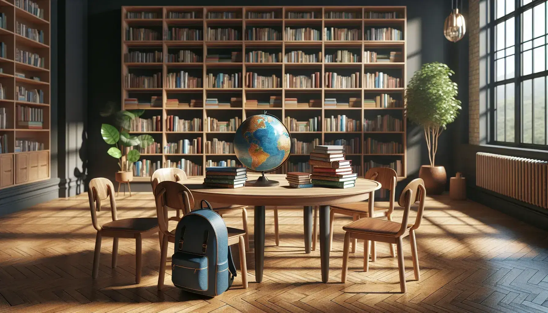 Biblioteca escolar iluminada con estantes de madera y libros variados, mesa con globo terráqueo y mochila azul, luz natural y planta interior.