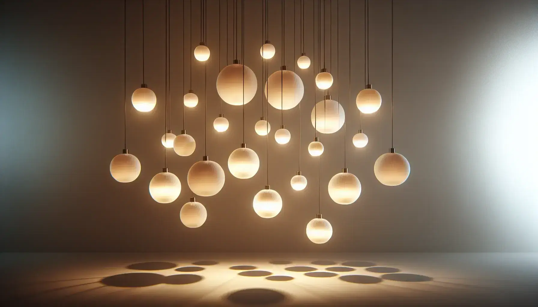Lámparas colgantes esféricas de diferentes alturas emitiendo una luz cálida que crea un juego de luces y sombras en un fondo neutro, generando un ambiente acogedor y estético.