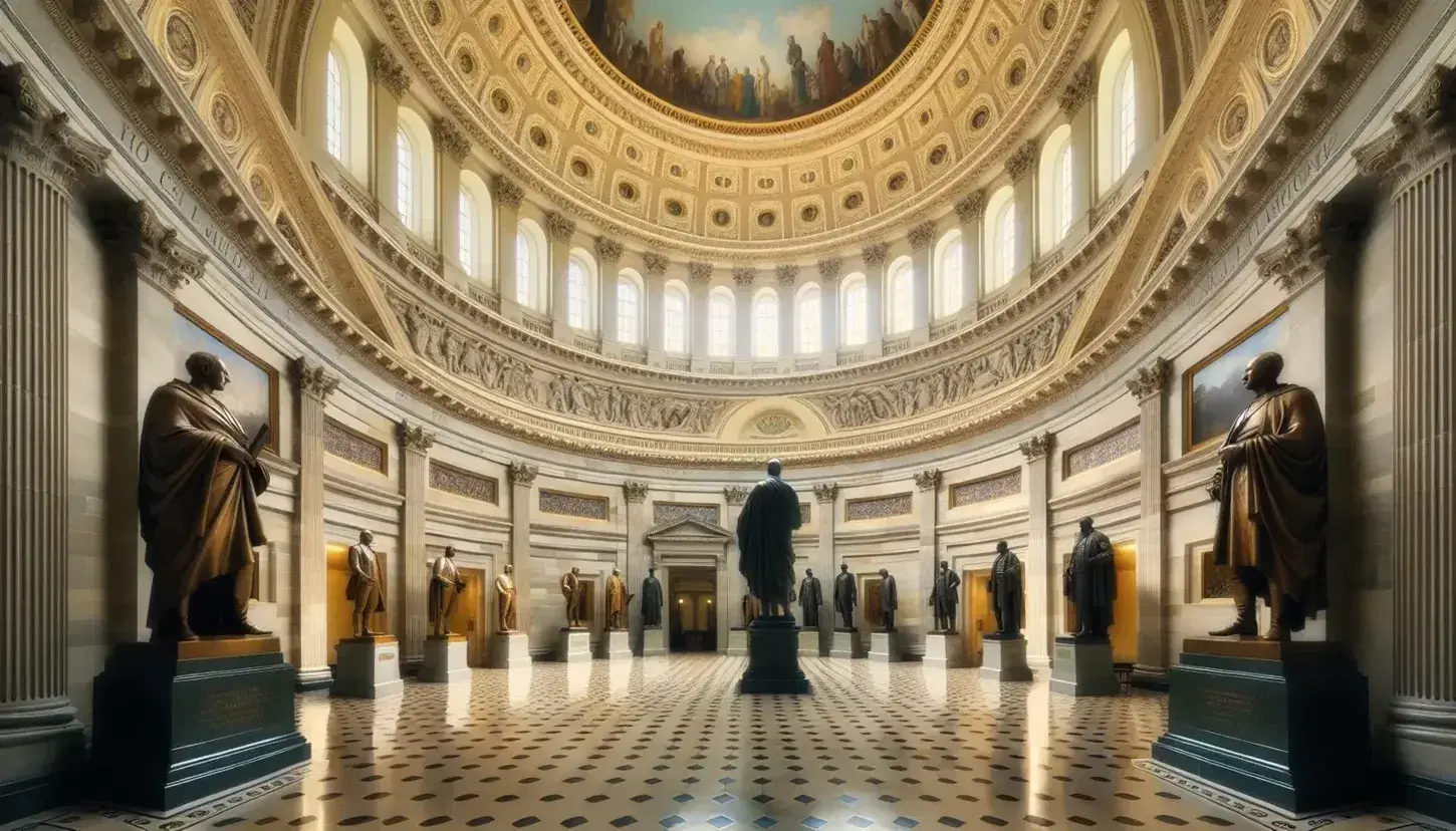 National Statuary Hall interior with marble and bronze statues of historical figures, high domed ceiling, and intricate frescoes in the US Capitol.