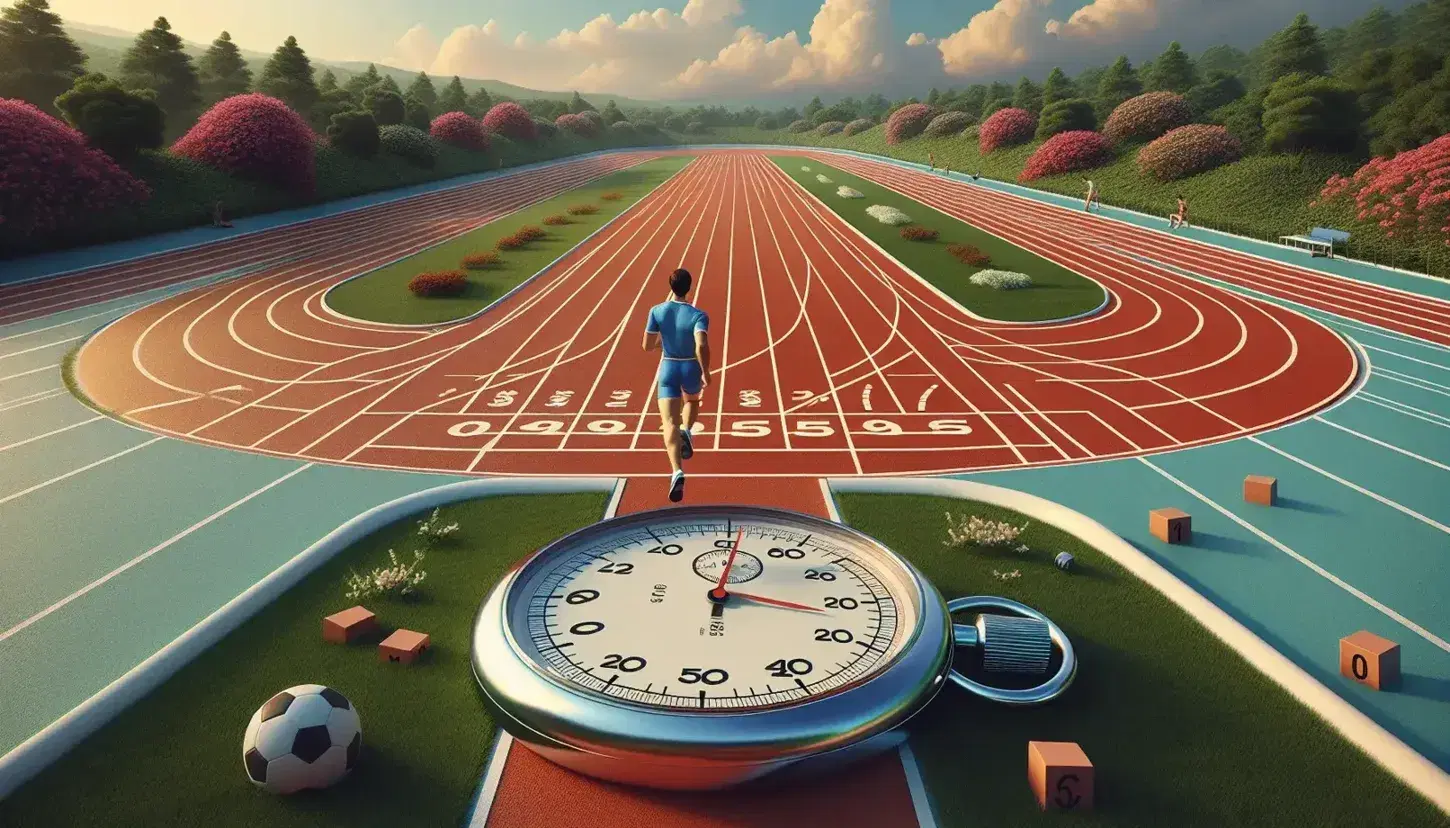 Atleta in corsa su pista di atletica con cronometro analogico al centro, pallone da calcio sul bordo e vegetazione circostante.