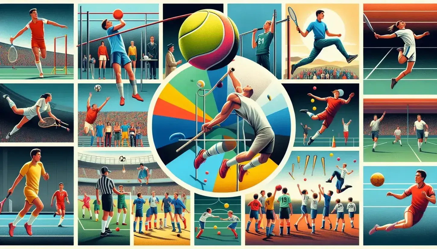 Collage de escenas deportivas con atleta de salto con pértiga, tenistas en juego, partido de fútbol, niños jugando y baloncesto táctico, reflejando diversidad y energía en deportes.