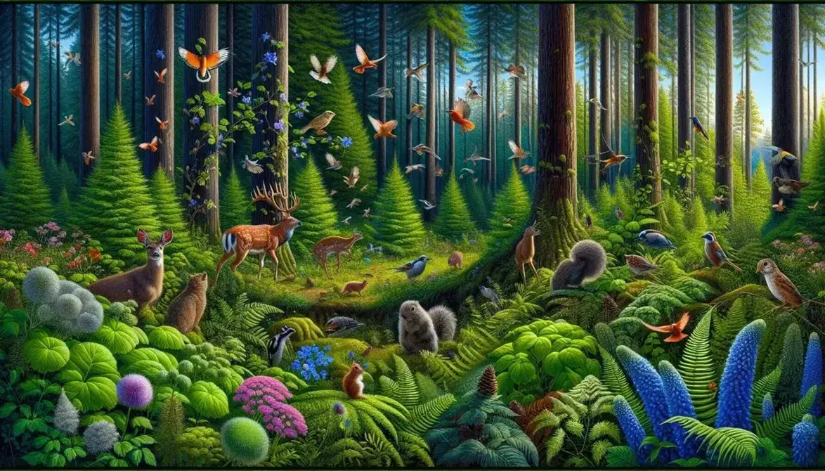 Vibrant forest ecosystem with deer, rabbit, squirrel, diverse birds, wildflowers, and towering trees under a sunny sky with dappled light.