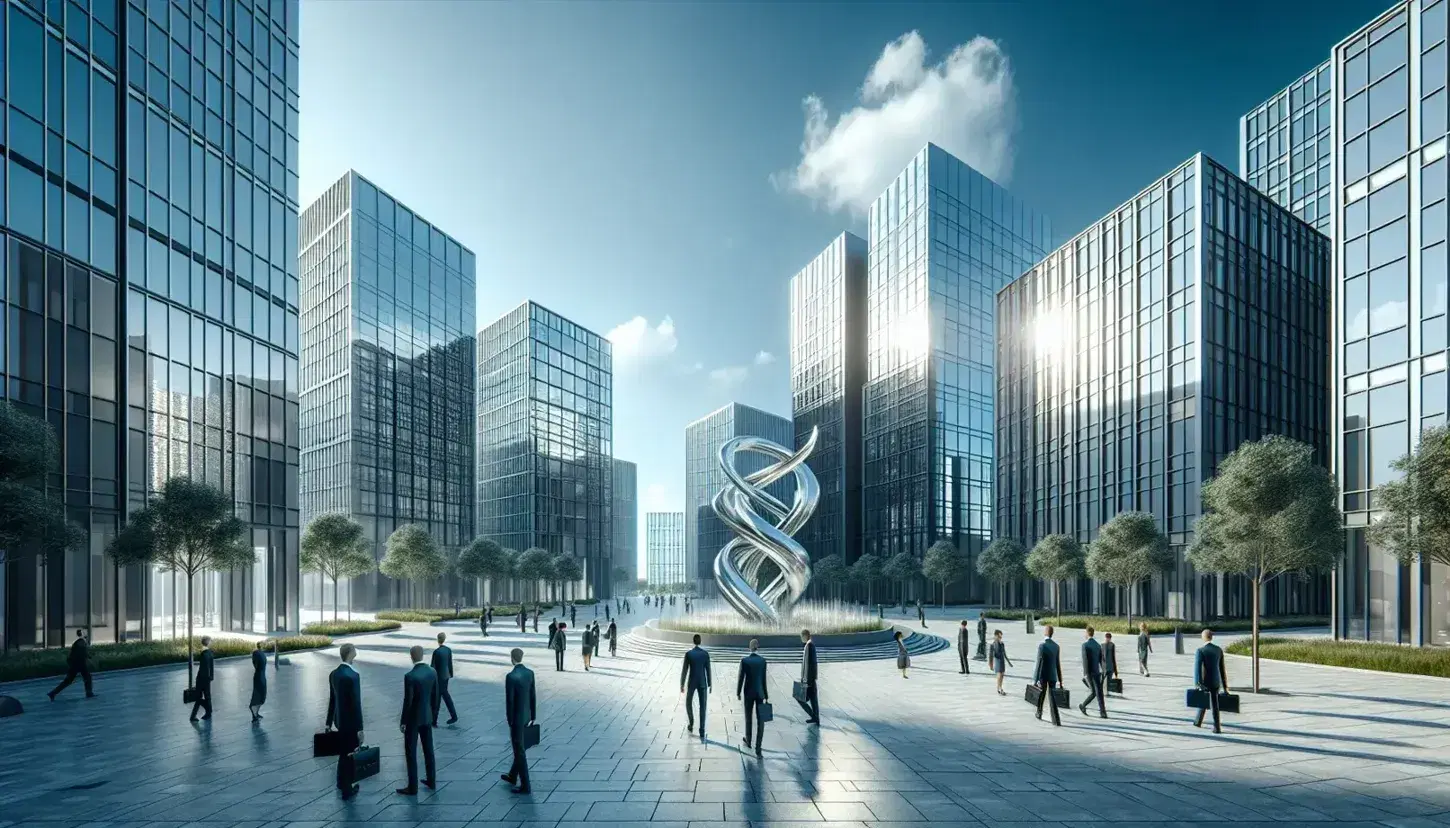 Paisaje urbano moderno con edificios de cristal reflejando el cielo azul, personas de negocios caminando y escultura metálica abstracta en plaza adoquinada.
