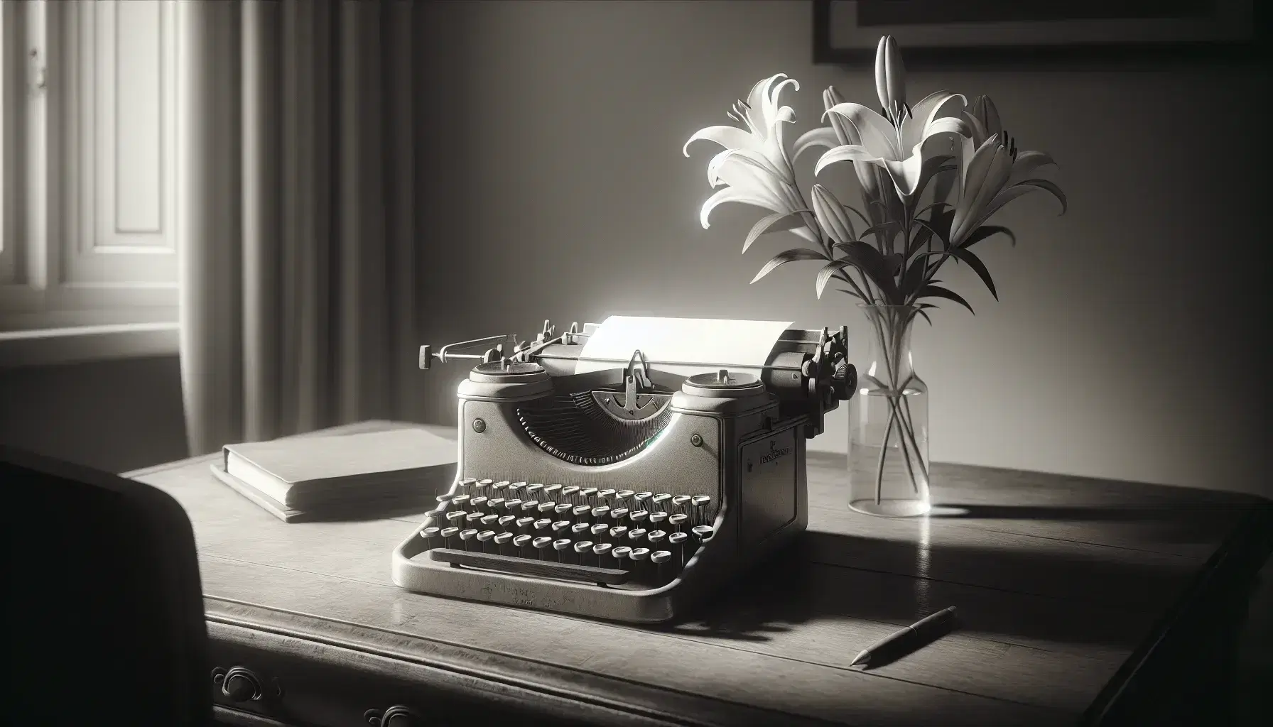 Vintage typewriter with round keys on a wooden desk beside a vase of white lilies, in a softly lit domestic setting.