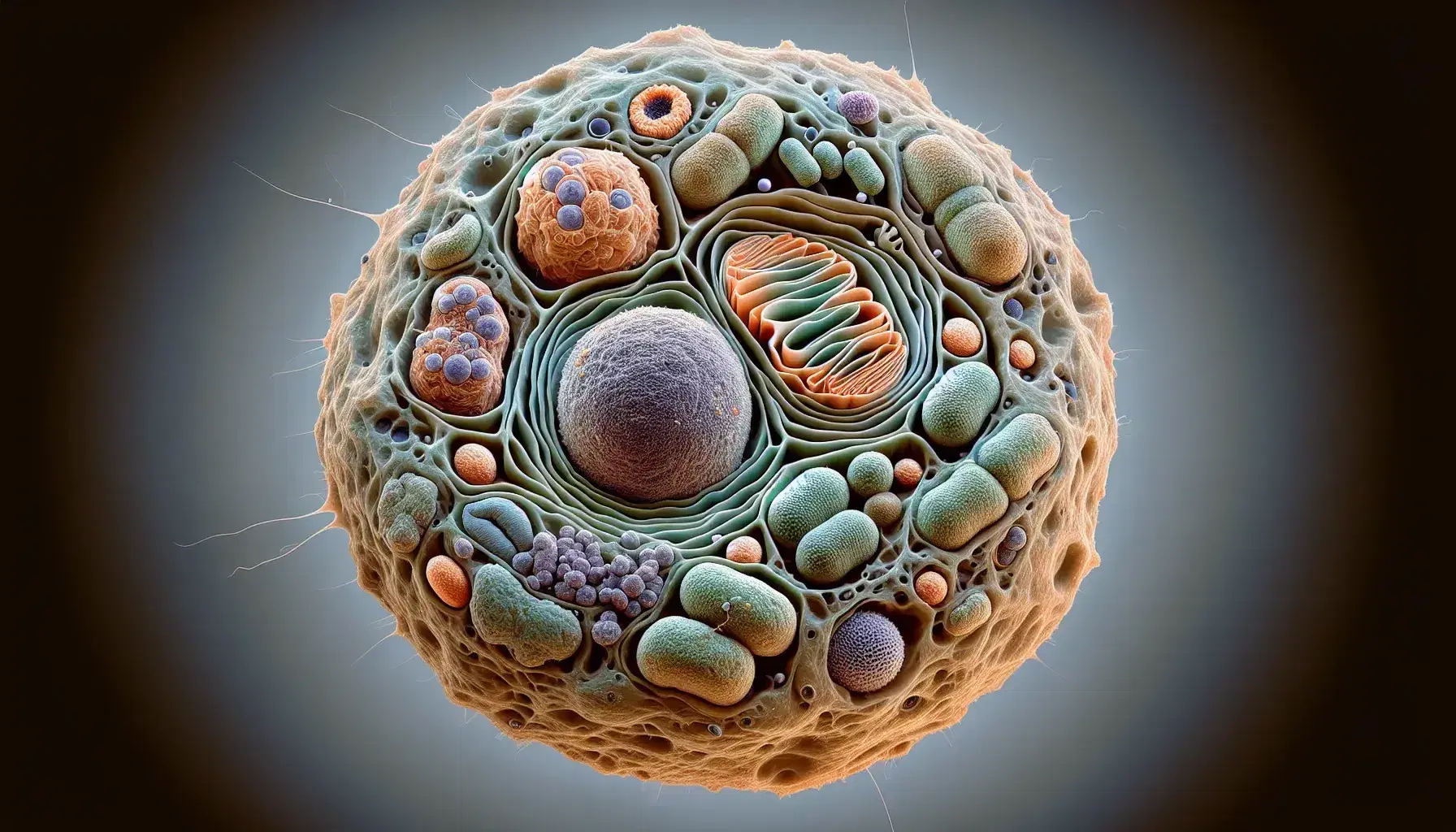 Vista microscópica de célula eucariota con núcleo esférico y mitocondrias ovoides destacadas en citoplasma diversamente coloreado.