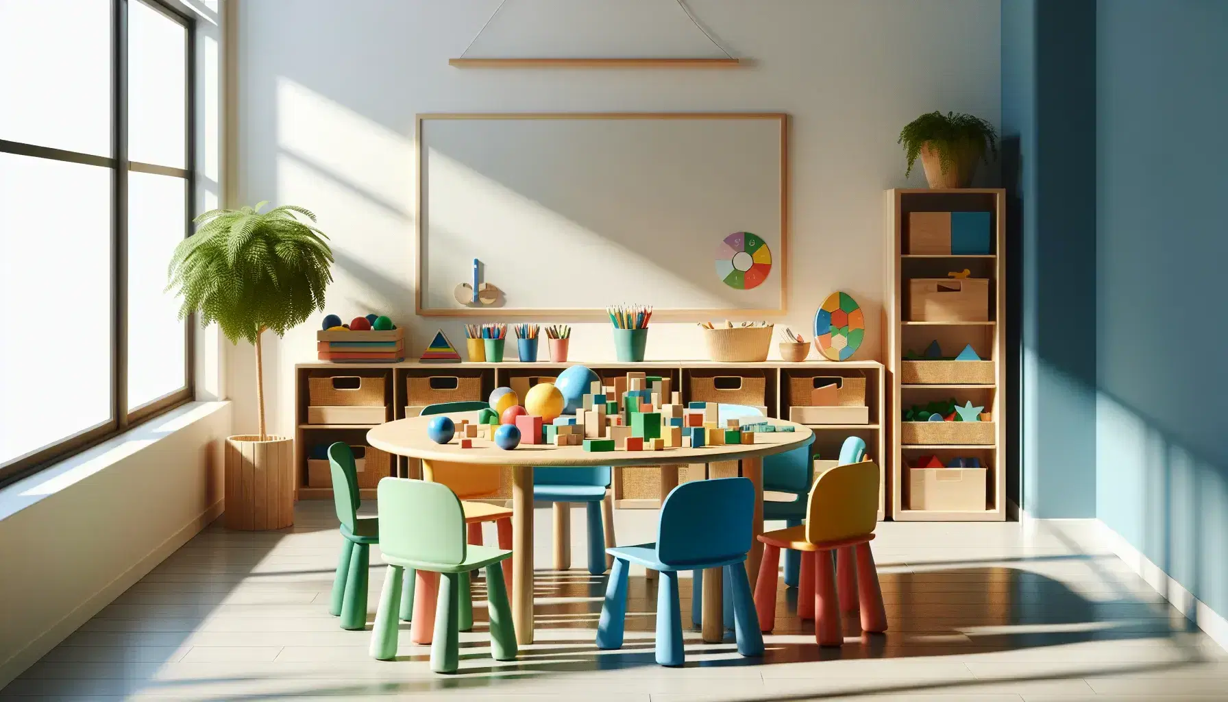 Aula luminosa con mesa redonda y sillas de colores, bloques geométricos educativos, pizarra blanca y estantería con materiales didácticos.